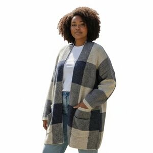 Like New Plaid Open-Front Sweater Cardigan, Navy & Oatmeal, Size 2x/3x